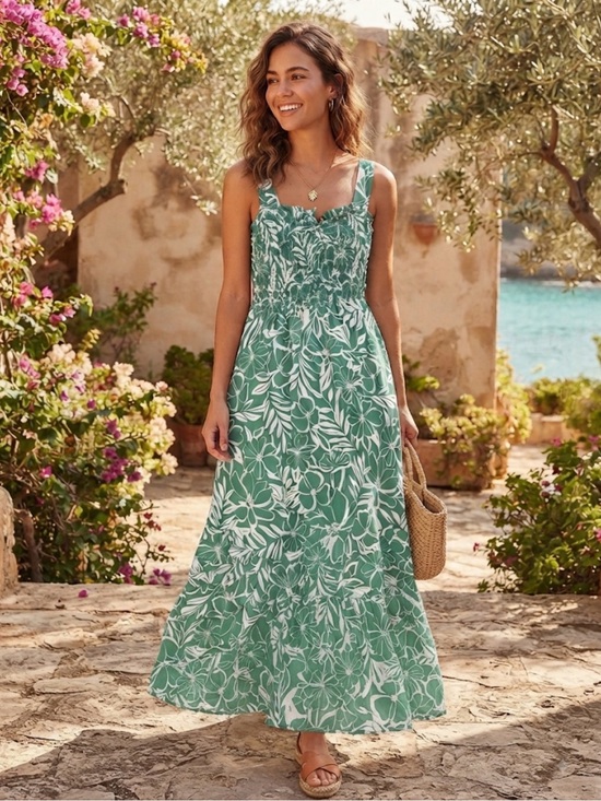 Grace Karin Dresses & Skirts - Grace Karin Green Floral High-Low Smocked Sundress